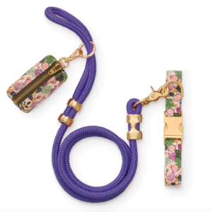 Floral-Themed Dog Leash and Collar Set with Waste Bag Holder