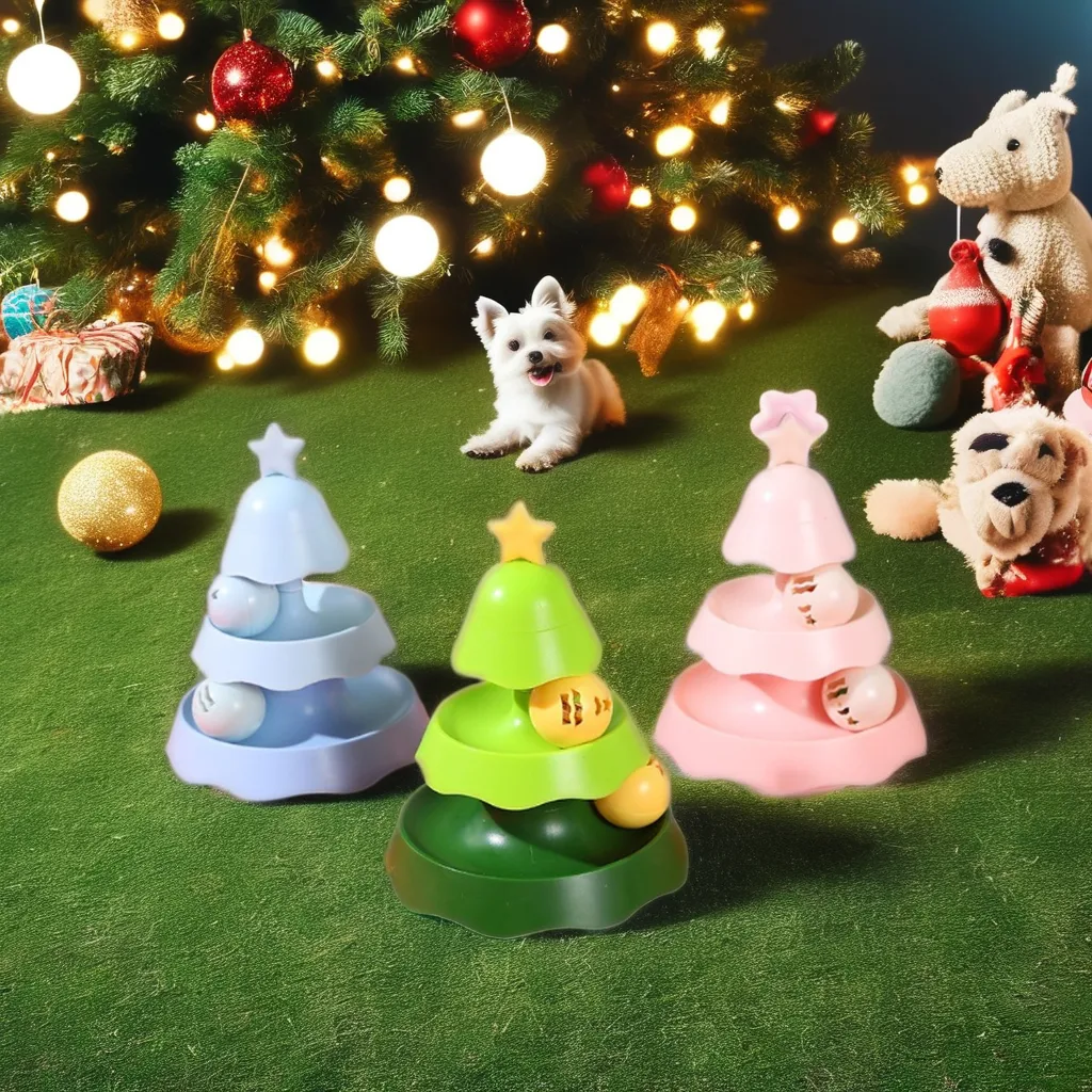 Cute Mini LED Ball Turntable Christmas Tree Design Pet Interactive & Movement Toy for Indoor Cats Fun Christmas Gift for Cats